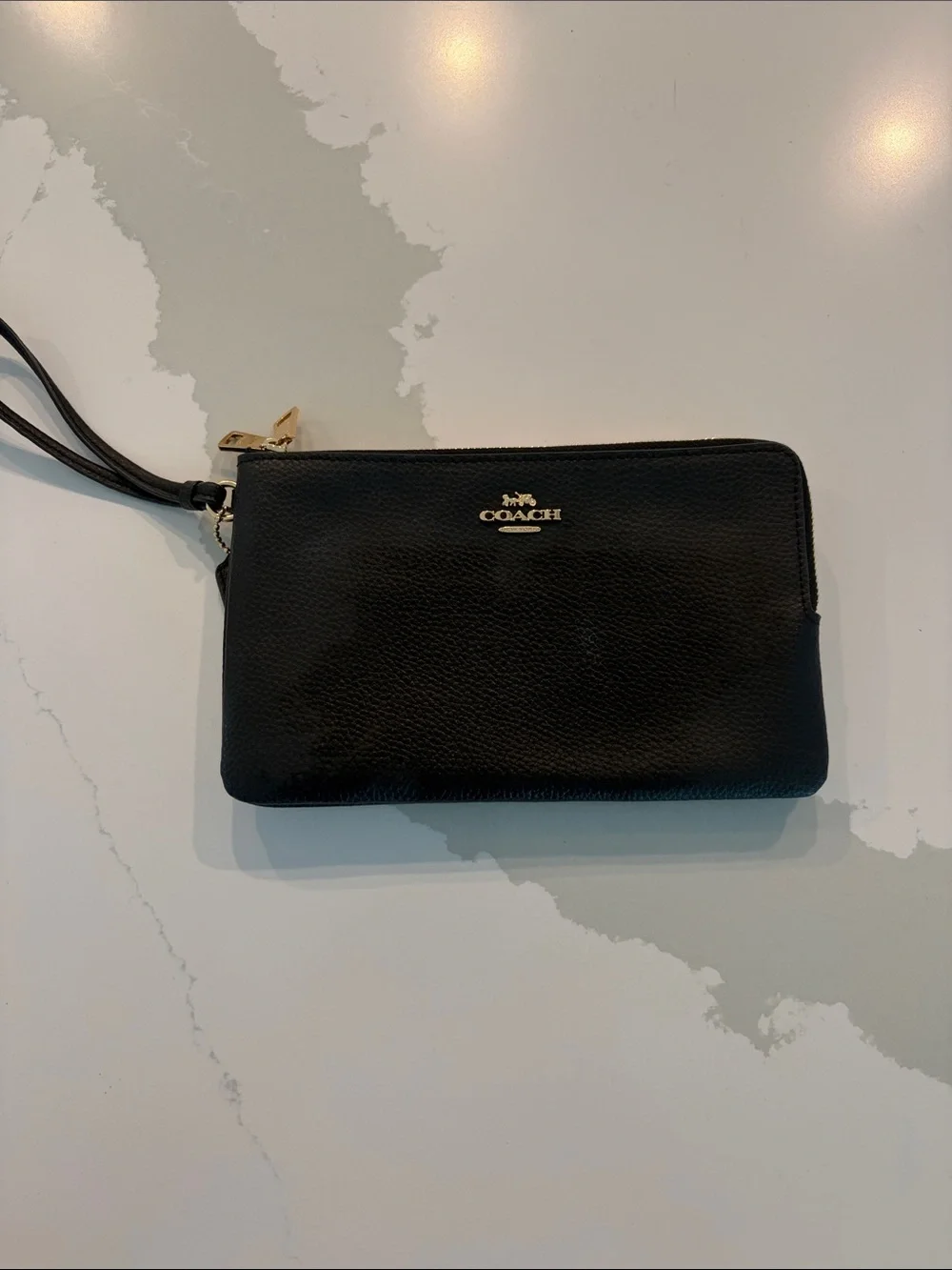 Coach Black Leather Zip Wristlet with Gold Logo - Picture 1 of 10